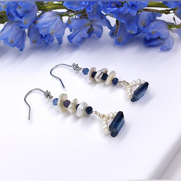 Natural Kyanite & Baroque Pearl Earrings,White Gold Filled Zircon Hook Earrings - Picture 5 of 5